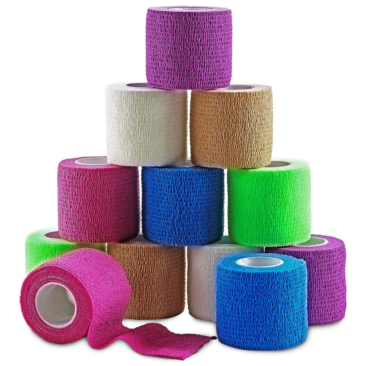 Self Adherent Cohesive Wrap Bandages 2 Inches X 5 Yards 12 Count with Strong Elastic and Colorful First Aid Tape for Spr