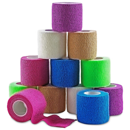 Self Adherent Cohesive Wrap Bandages 2 Inches X 5 Yards 12 Count with Strong Elastic and Colorful First Aid Tape for Spr