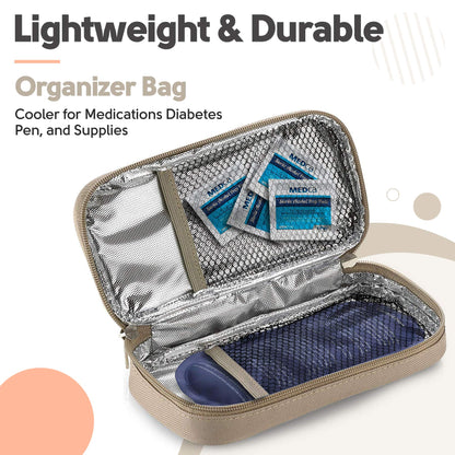 Insulin Cooler Travel Case - Insulated Portable Diabetic Pouch with 2 Gel Ice Packs - Reusable Lightweight & Durable Organizer Bag Cooler for Medications Diabetes Pen, and Supplies, (Black & Tan)