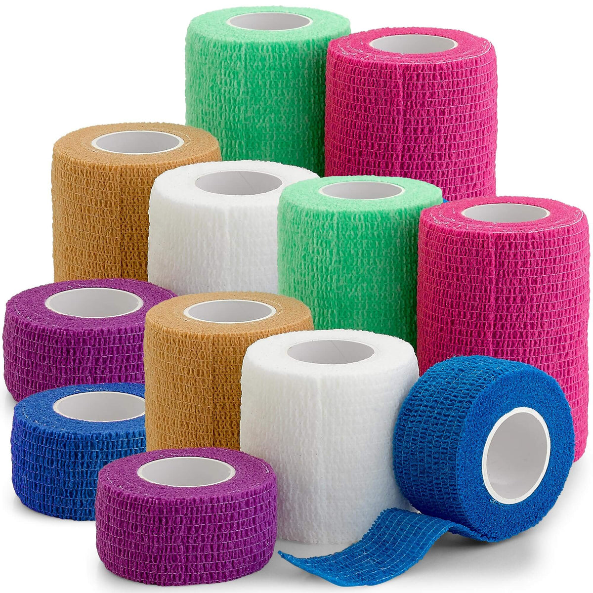 Self Adherent Cohesive Tape Rolls - Pack of 12 - 1" 2" 3"x5 Yards Combo Pack, Self Adhesive Bandage Rolls & Sports Athle