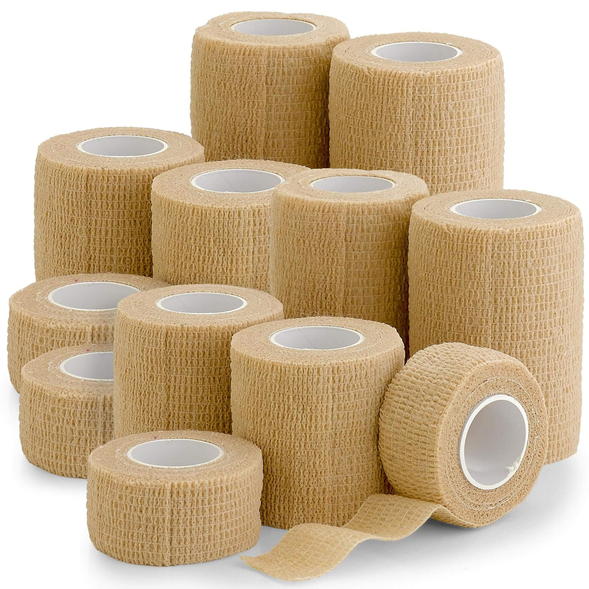 Self Adherent Cohesive Tape - (Pack of 12)1” 2" 3" x 5 Yards, (Light Tan) Self Adhesive Bandage Rolls & Sports Athletic 