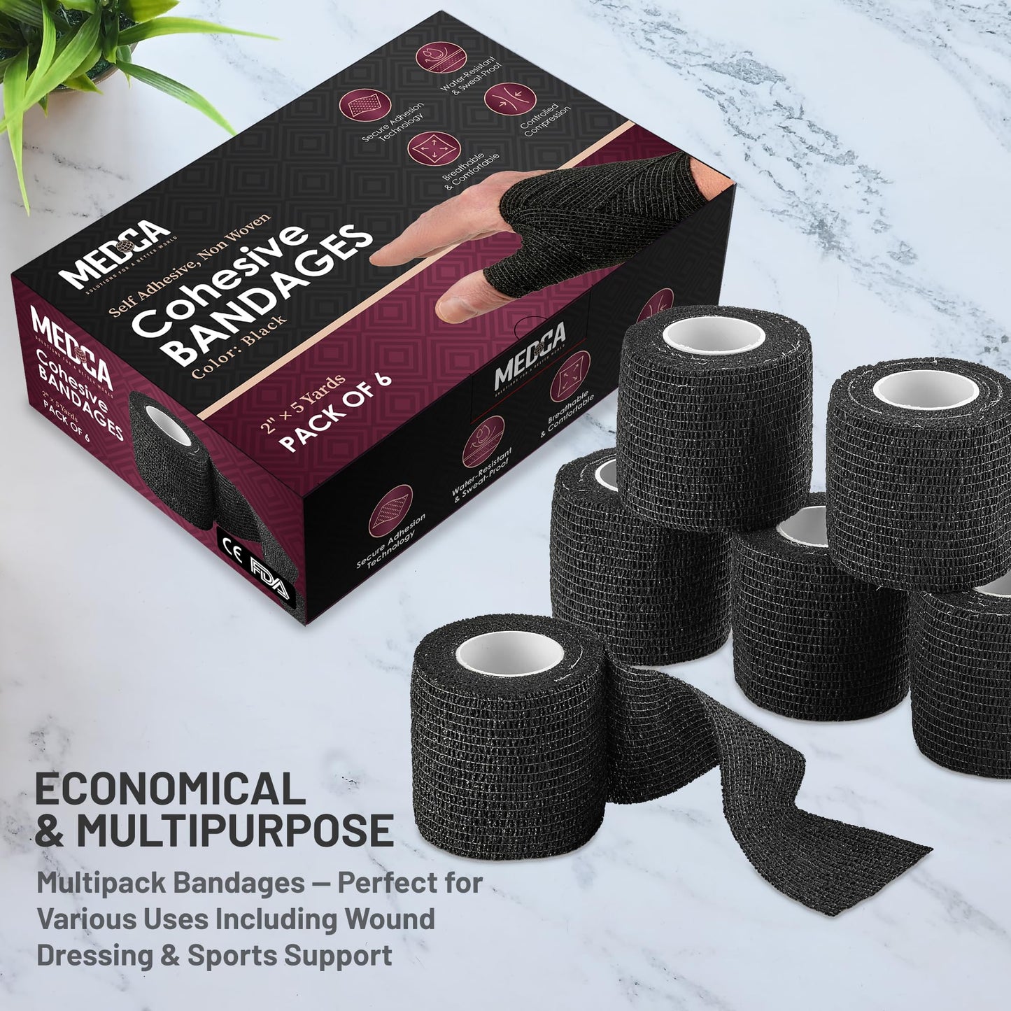 Self-Adherent Cohesive Bandage - Black Medical Wrap - (288 Rolls Bulk) - 2" Wide x 5 Yards Sports Tape for Medical Use, Sports, First Aid and Helps Protect Skin