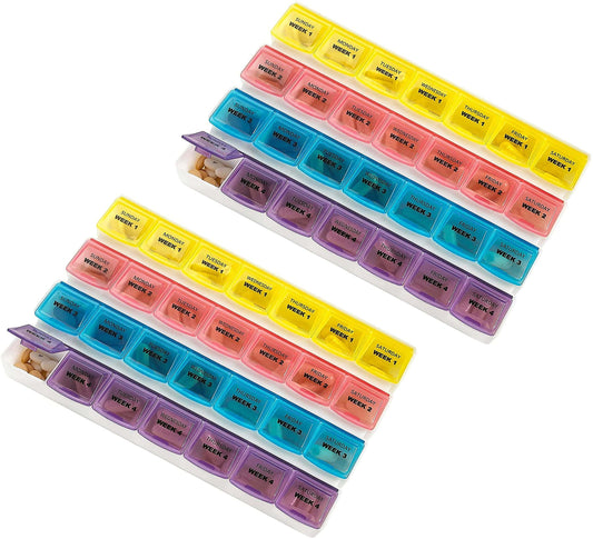 Monthly Pill Organizers - (Pack of 2) 28 Day Monthly Pill Planners to Separate Pills & Vitamins Week to Week, Travel Med