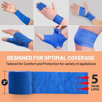 6 Pack, Self Adherent Cohesive Tape - 2” x 5 Yards, Self Adhesive Bandage Rolls & Sports Athletic Wrap for Ankle, Wrist, Knee Sprains and Swelling, Vet Wraps in Blue Color
