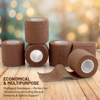 6 Pack, Self Adherent Cohesive Tape - 2" x 5 Yards, (Medium Tan Shade) Self Adhesive Bandage Rolls & Sports Athletic Wrap for Ankle, Wrist, Knee Sprains and Swelling