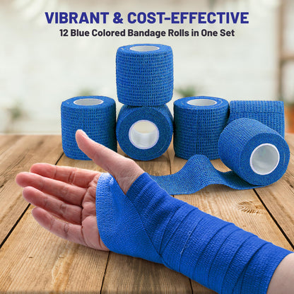 Self-Adherent Cohesive Bandage - Blue Medical Wrap - 12 Rolls 2" Wide x 5 Yards Sports Tape for Medical Use, Sports, First Aid and Helps Protect Skin