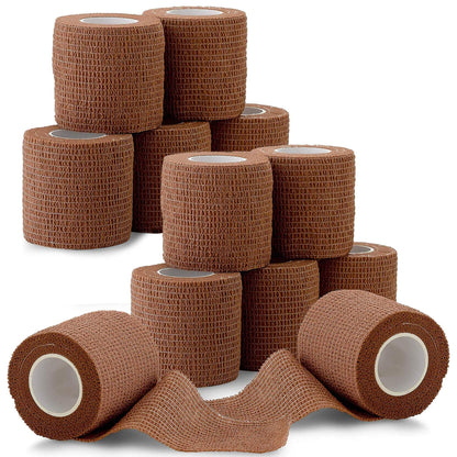 Self Adherent Cohesive Tape - 2" x 5 Yards, 12 Pack (Medium Tan) Self Adhesive Bandage Rolls & Sports Athletic Wrap for 