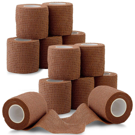 Self Adherent Cohesive Tape - 2" x 5 Yards, 12 Pack (Medium Tan) Self Adhesive Bandage Rolls & Sports Athletic Wrap for 