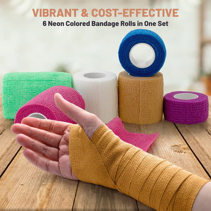 Self Adherent Cohesive Tape - (6 Count) 1" 2" 3" x 5 Yards Combo Pack, Self Adhesive Bandage Rolls & Sports Athletic Wrap for Ankle, Wrist, Sprains and Swelling, Vet Wraps in Neon Colors