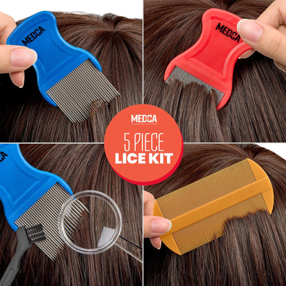 Premium 5 Piece Lice Kit - Nit Removal Fine Tooth Comb and Magnifier Full Treatment Set - Louse and Nit Combs Removes Eggs with Rounded Tips for Comfort