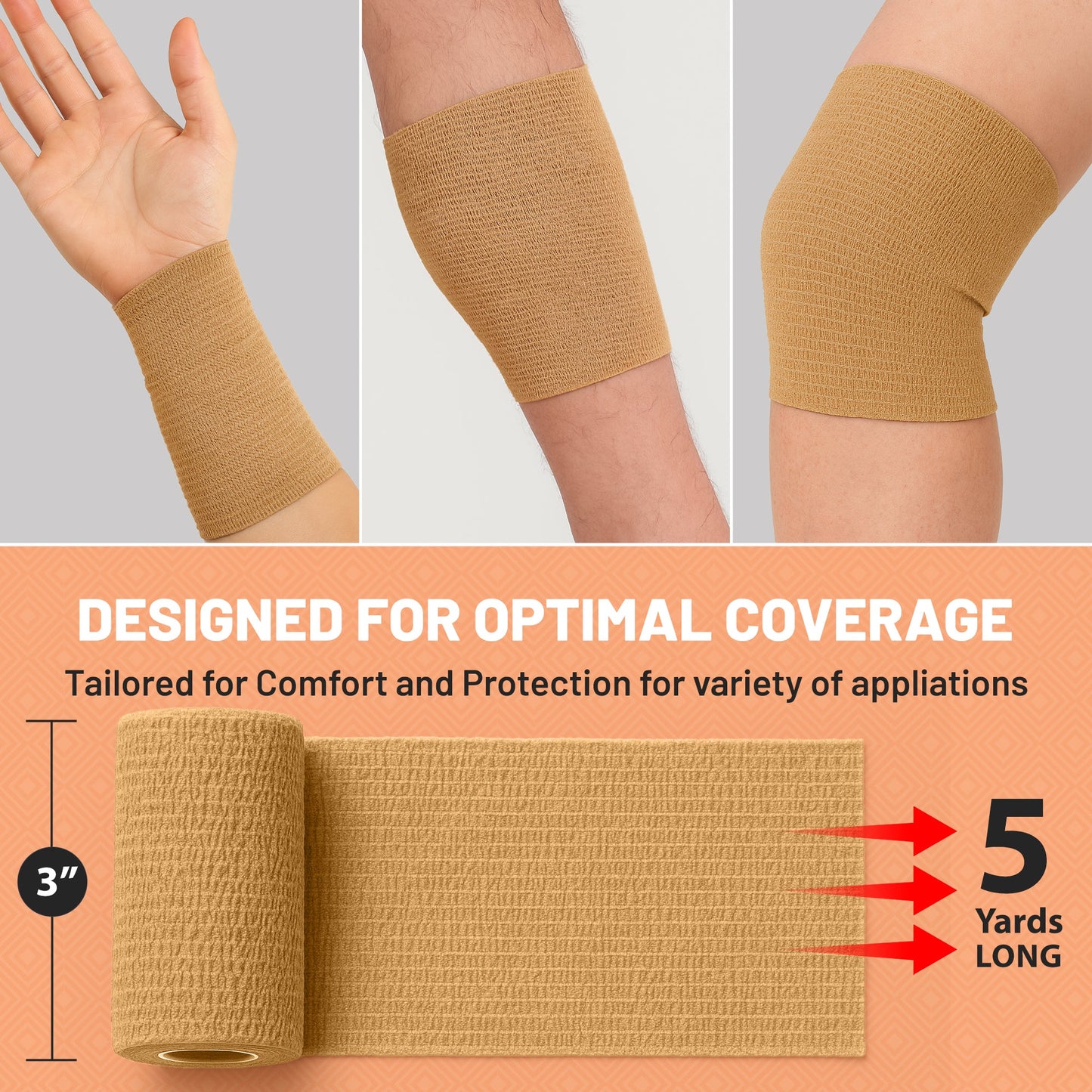 Self Adherent Wrap - Bulk Pack of 6, Athletic Tape Rolls and Sports Wraps, Self Cohesive Non-Woven Adhesive Bandage (3 In x 5 Yards) for Ankle Sprains & Swelling