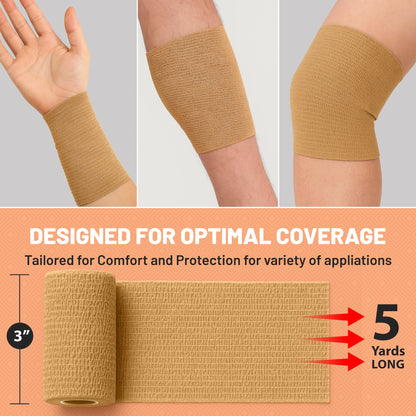 Self Adherent Wrap - Bulk Pack of 6, Athletic Tape Rolls and Sports Wraps, Self Cohesive Non-Woven Adhesive Bandage (3 In x 5 Yards) for Ankle Sprains & Swelling