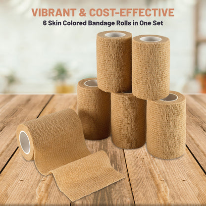 Self Adherent Wrap - Bulk Pack of 6, Athletic Tape Rolls and Sports Wraps, Self Cohesive Non-Woven Adhesive Bandage (3 In x 5 Yards) for Ankle Sprains & Swelling