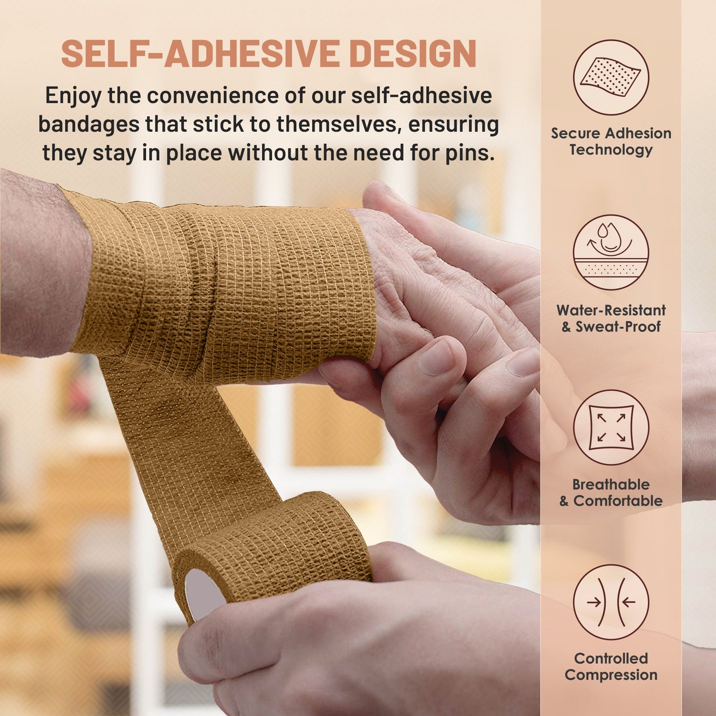 Self Adherent Wrap - Bulk Pack of 6, Athletic Tape Rolls and Sports Wraps, Self Cohesive Non-Woven Adhesive Bandage (3 In x 5 Yards) for Ankle Sprains & Swelling