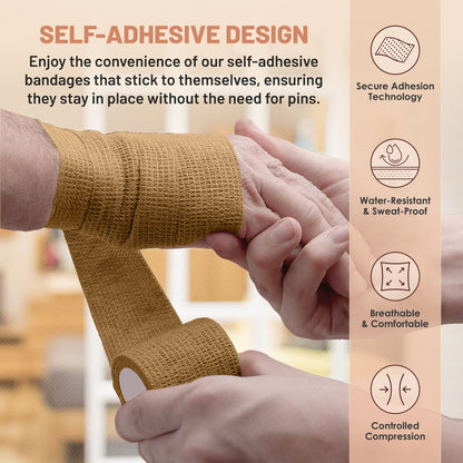 Self Adherent Wrap - Bulk Pack of 6, Athletic Tape Rolls and Sports Wraps, Self Cohesive Non-Woven Adhesive Bandage (3 In x 5 Yards) for Ankle Sprains & Swelling