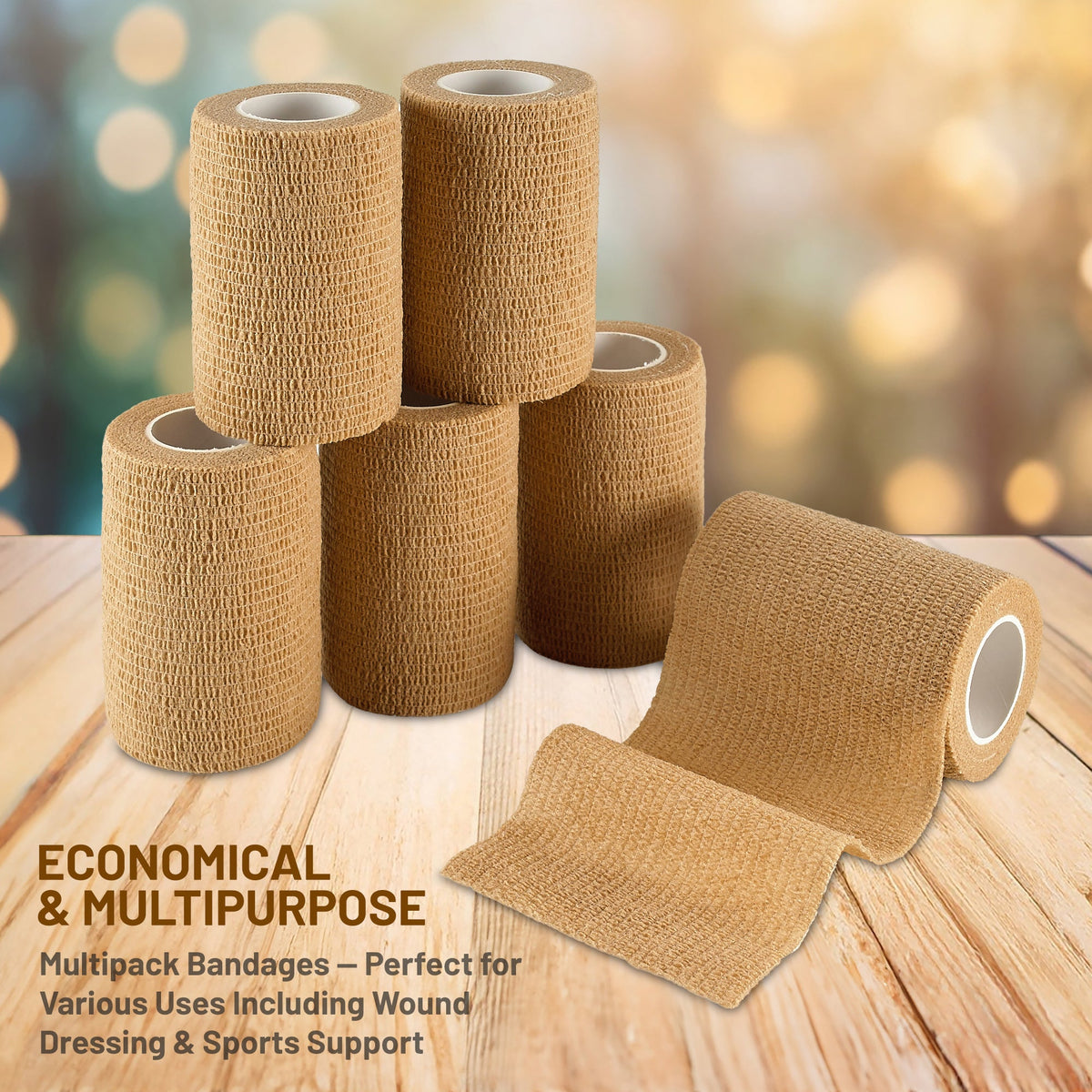 Self Adherent Wrap - Bulk Pack of 6, Athletic Tape Rolls and Sports Wraps, Self Cohesive Non-Woven Adhesive Bandage (3 In x 5 Yards) for Ankle Sprains & Swelling