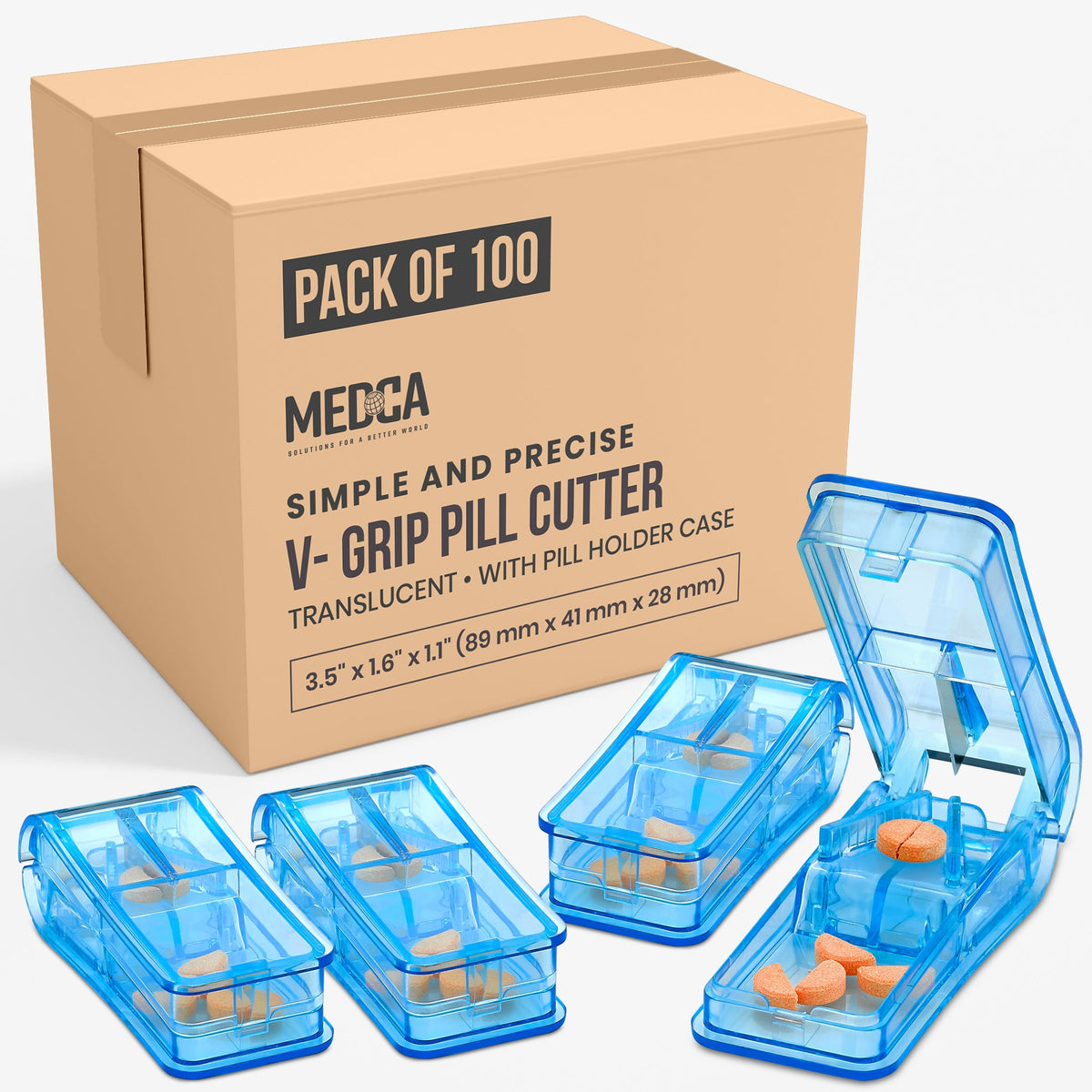 Pill Cutter - V- Grip Pill Crusher and Cutter for Vitamins, Big & Small Pills, and Medication - Transparent Pill Splitte