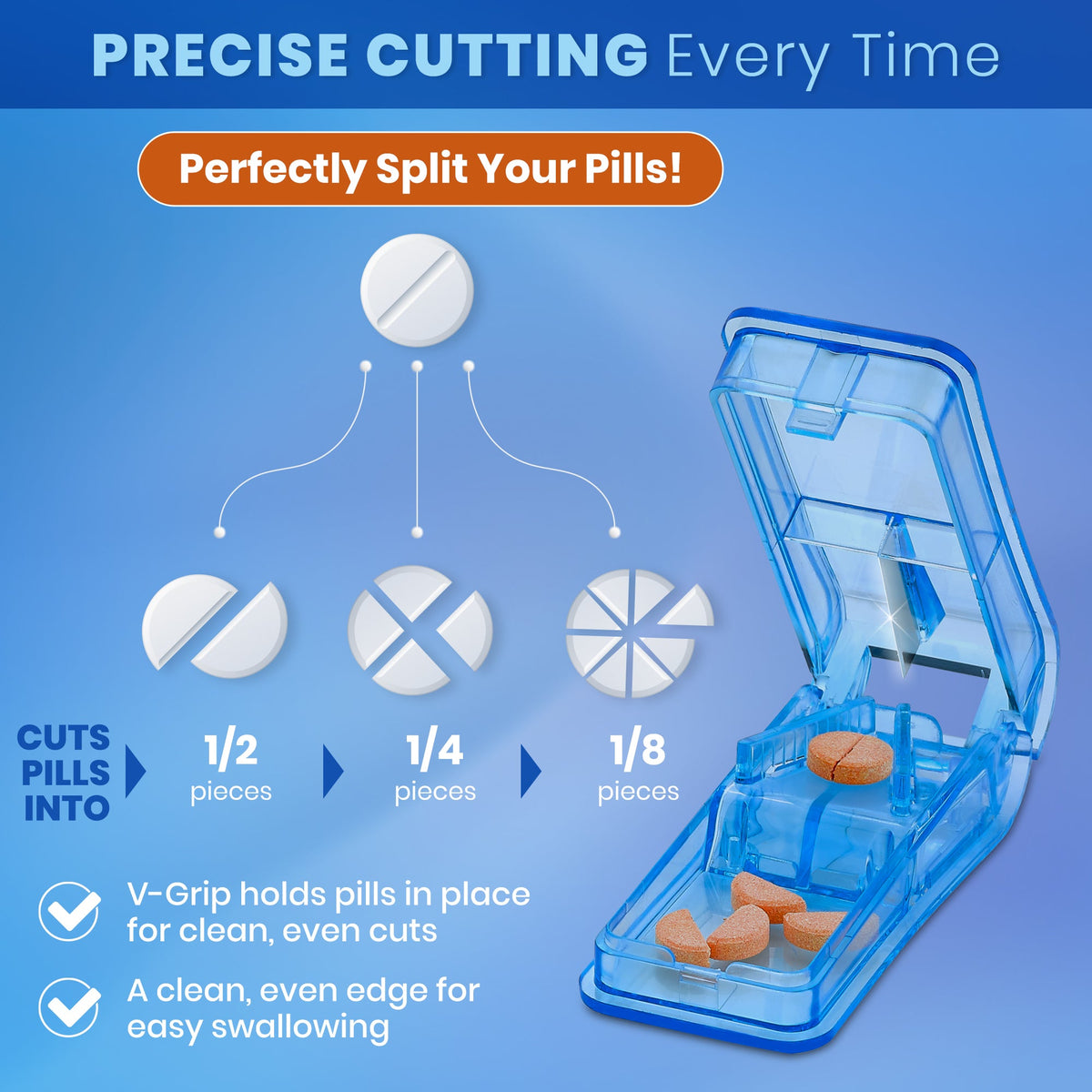 Pill Cutter - V- Grip Pill Crusher and Cutter for Vitamins, Big & Small Pills, and Medication - Transparent Pill Splitter with Pill Holder Case to Split Bulk - 100 Pack (Transparent Clear)