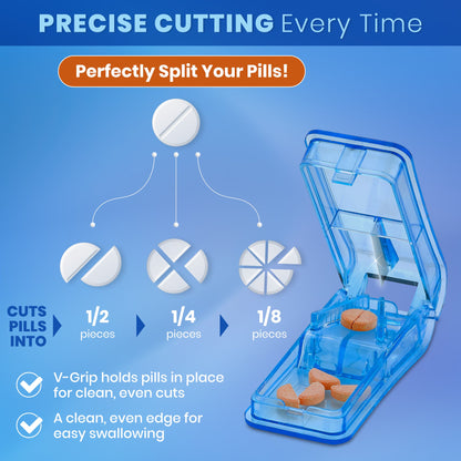 Pill Cutter - V- Grip Pill Crusher and Cutter for Vitamins, Big & Small Pills, and Medication - Transparent Pill Splitter with Pill Holder Case to Split Bulk - 100 Pack (Transparent Clear)