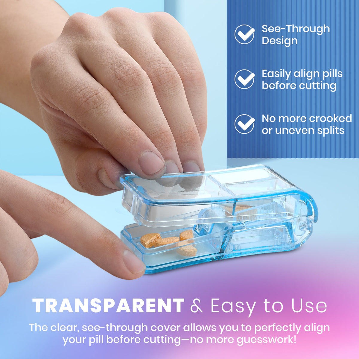Pill Cutter - V- Grip Pill Crusher and Cutter for Vitamins, Big & Small Pills, and Medication - Transparent Pill Splitter with Pill Holder Case to Split Bulk - 100 Pack (Transparent Clear)