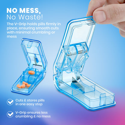 Pill Cutter - V- Grip Pill Crusher and Cutter for Vitamins, Big & Small Pills, and Medication - Transparent Pill Splitter with Pill Holder Case to Split Bulk - 100 Pack (Transparent Clear)