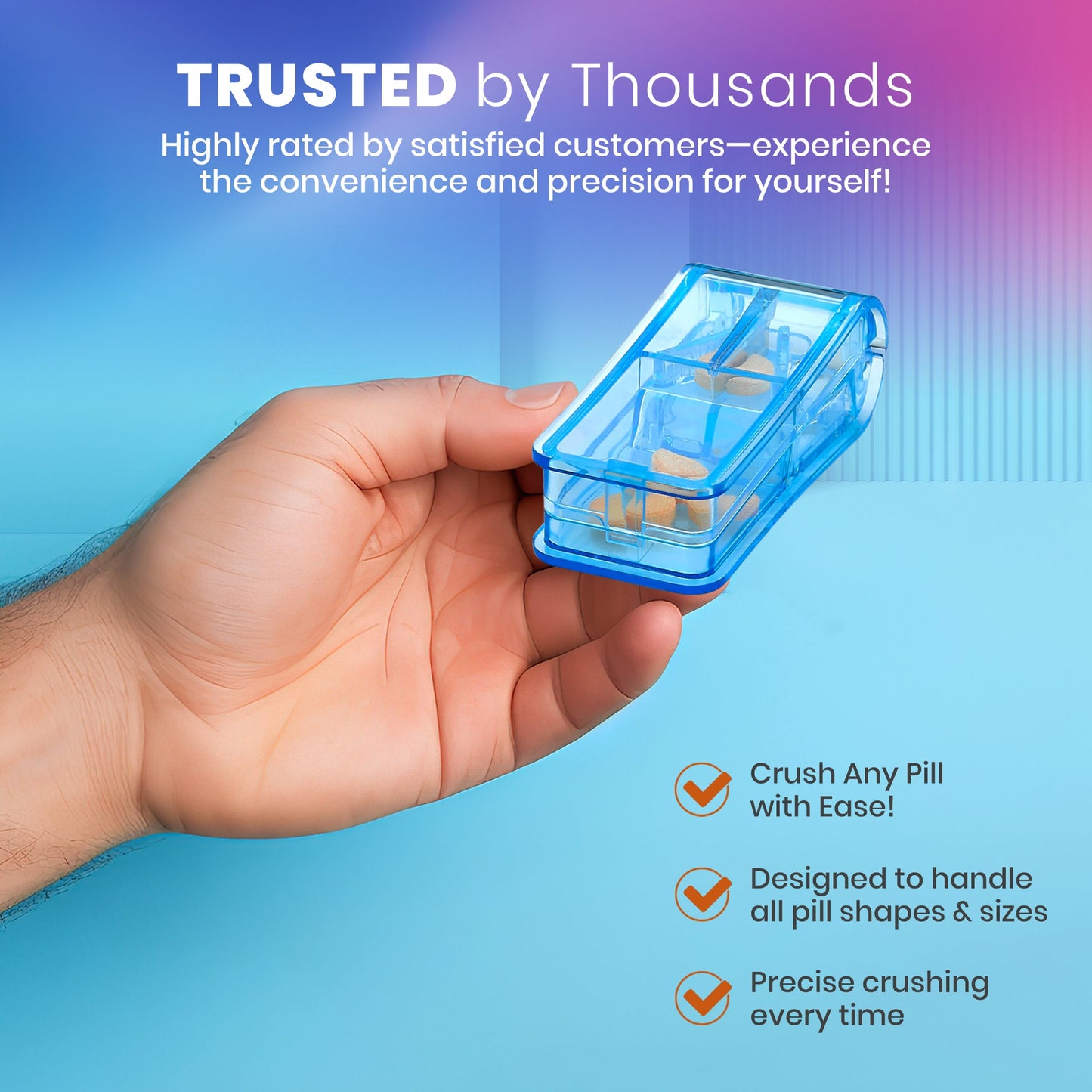 Pill Cutter - V- Grip Pill Crusher and Cutter for Vitamins, Big & Small Pills, and Medication - Transparent Pill Splitter with Pill Holder Case to Split Bulk - 100 Pack (Transparent Clear)