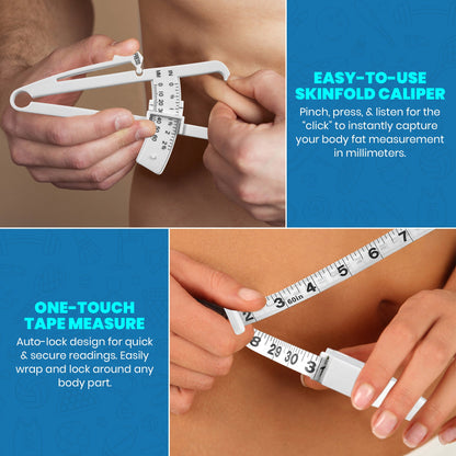 Body Tape Measure and Skinfold Caliper Body Fat Monitor Set - (Pack of 2) - Double Sided Body Tape Measures (150 cm /60 inches) - Skin Fold Body Fat Analyzer and BMI Measurement Tool, White by