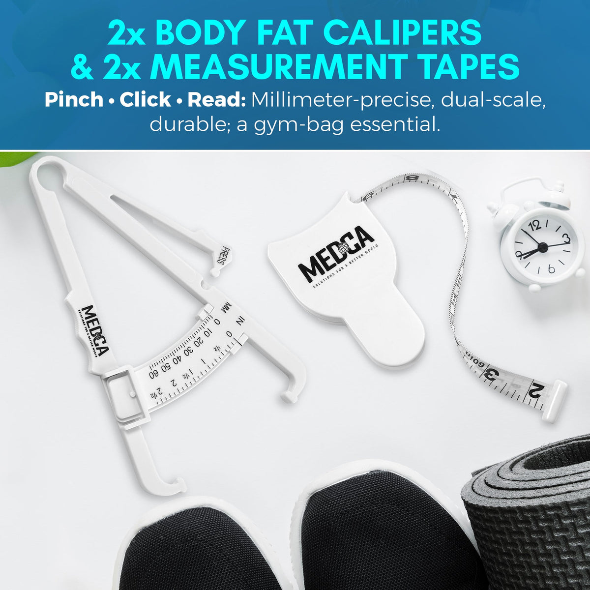 Body Tape Measure and Skinfold Caliper Body Fat Monitor Set - (Pack of 2) - Double Sided Body Tape Measures (150 cm /60 inches) - Skin Fold Body Fat Analyzer and BMI Measurement Tool, White by