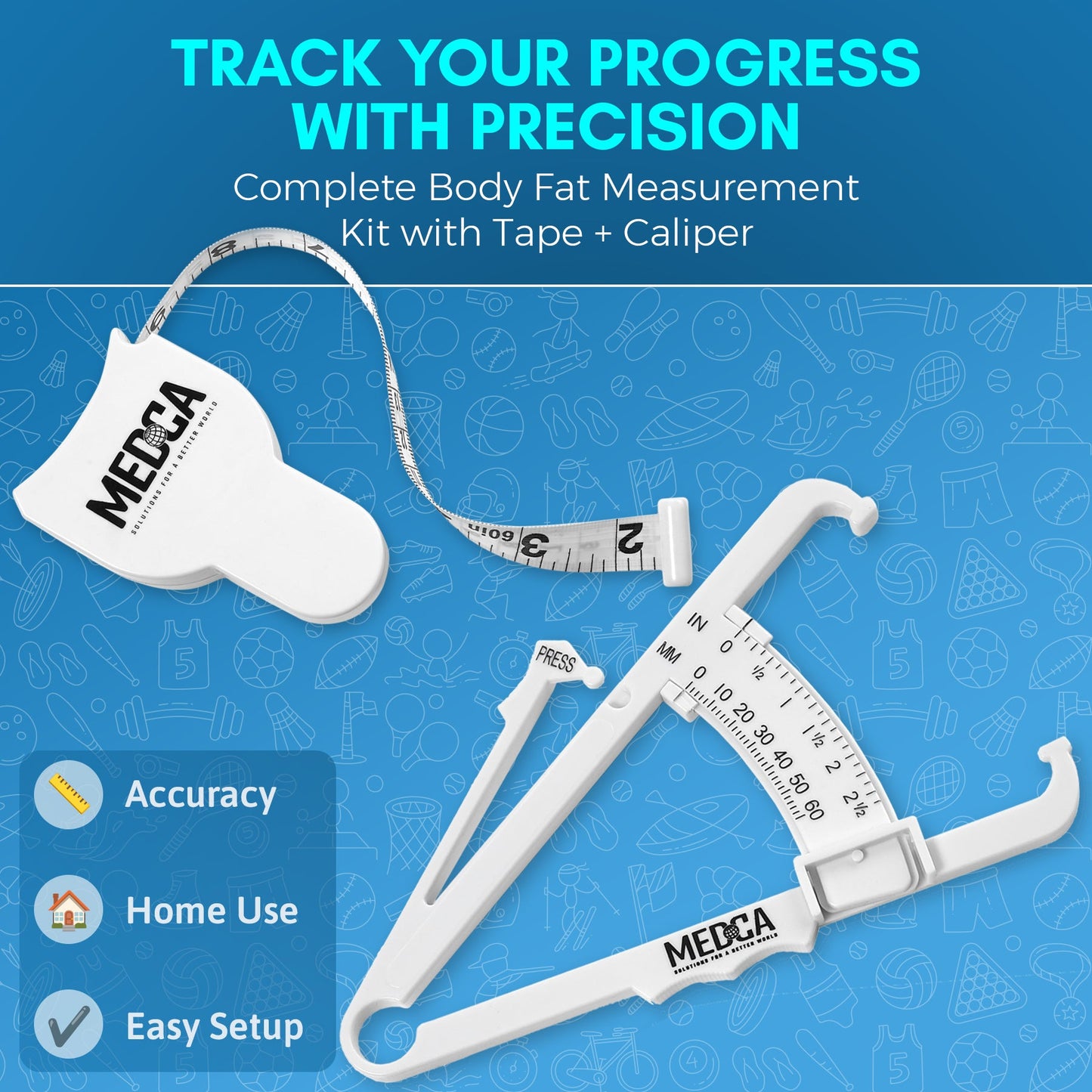 Body Tape Measure and Skinfold Caliper Body Fat Monitor Set - (Pack of 2) - Double Sided Body Tape Measures (150 cm /60 inches) - Skin Fold Body Fat Analyzer and BMI Measurement Tool, White by