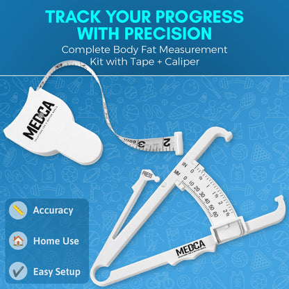 Body Tape Measure and Skinfold Caliper Body Fat Monitor Set - (Pack of 2) - Double Sided Body Tape Measures (150 cm /60 inches) - Skin Fold Body Fat Analyzer and BMI Measurement Tool, White by