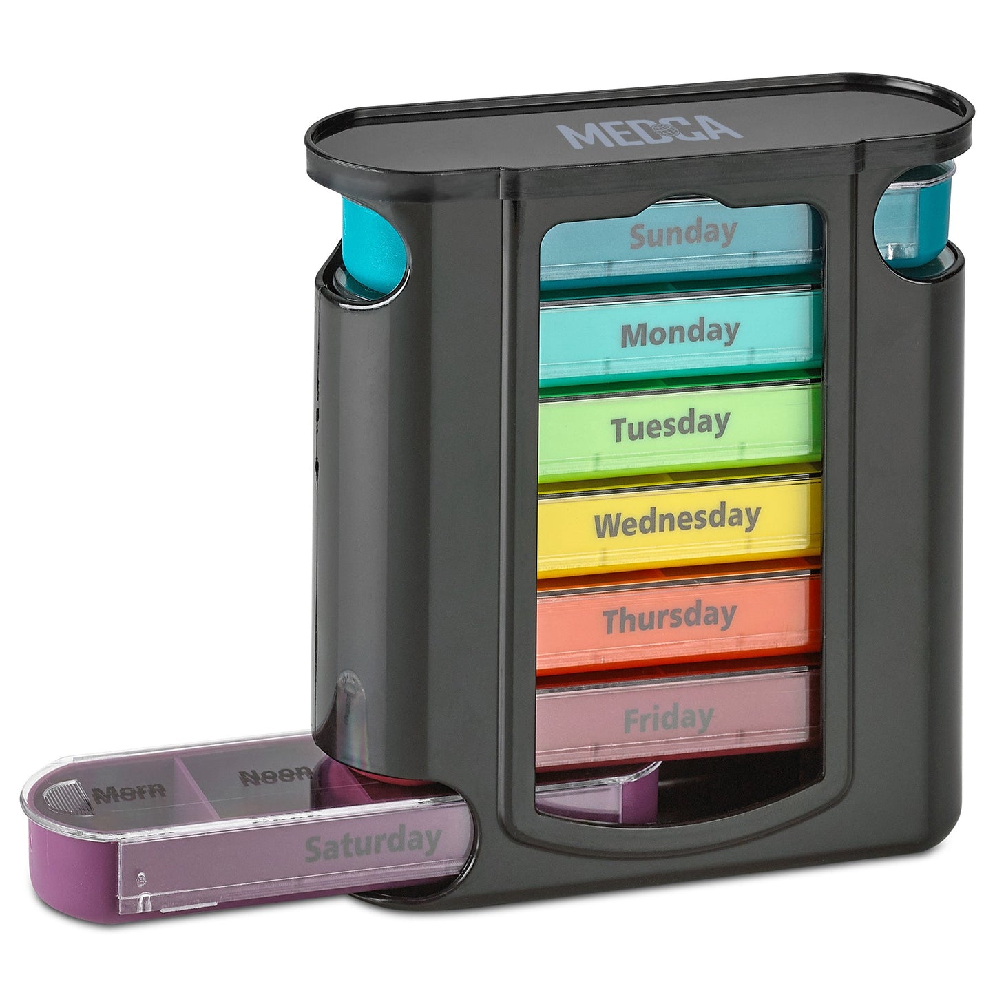 Weekly Pill Organizer, 1 Dispenser, 7 Stackable Compartments Four Times-a-Day - Morning, Noon, Evening, and Bedtime, Bla