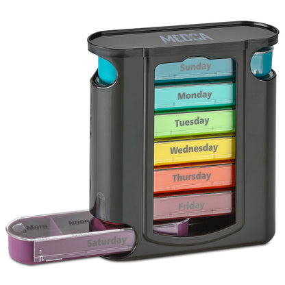 Weekly Pill Organizer, 1 Dispenser, 7 Stackable Compartments Four Times-a-Day - Morning, Noon, Evening, and Bedtime, Bla