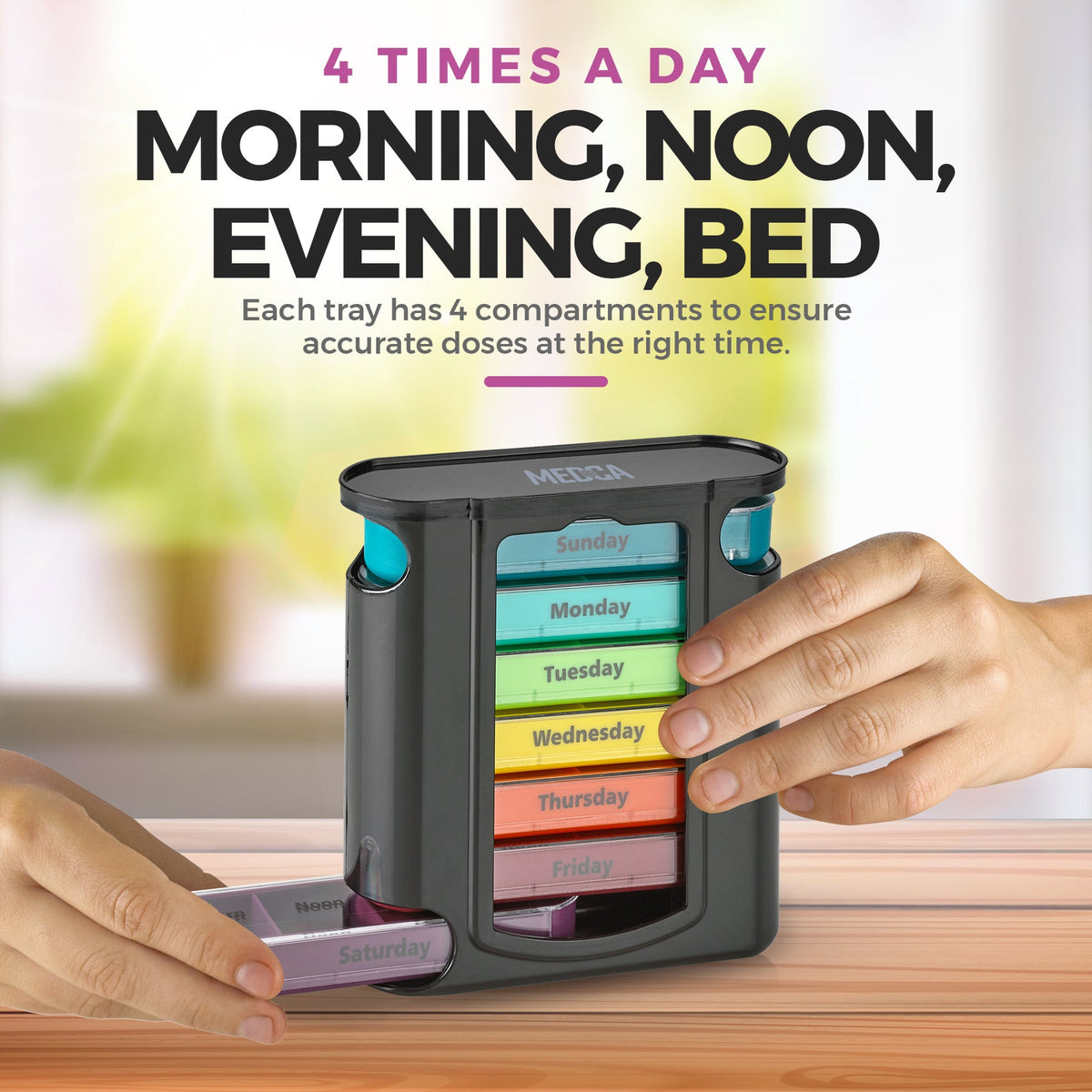 Weekly Pill Organizer, 1 Dispenser, 7 Stackable Compartments Four Times-a-Day - Morning, Noon, Evening, and Bedtime, Black