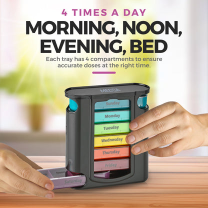Weekly Pill Organizer, 1 Dispenser, 7 Stackable Compartments Four Times-a-Day - Morning, Noon, Evening, and Bedtime, Black