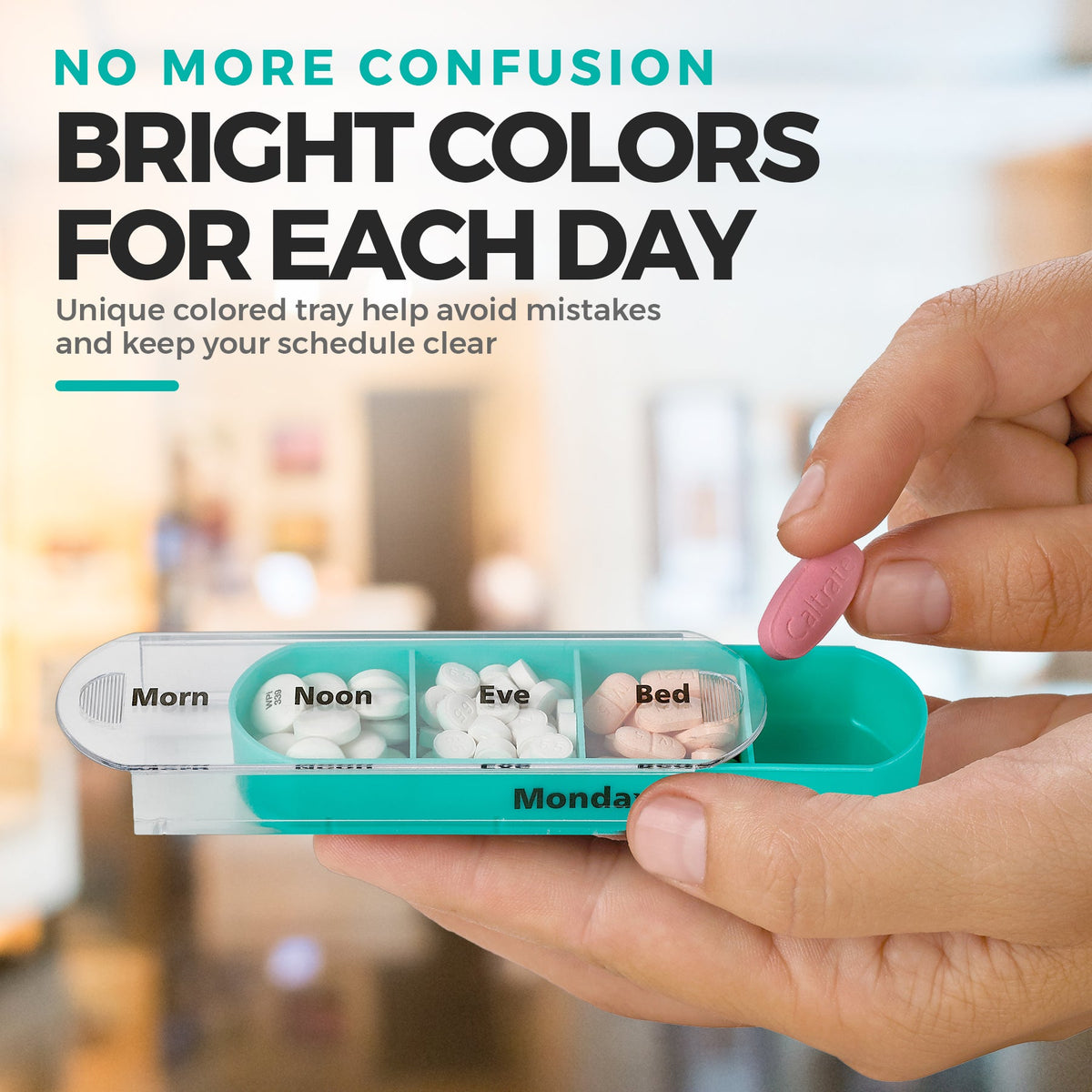 Weekly Pill Organizer, 1 Dispenser, 7 Stackable Compartments Four Times-a-Day - Morning, Noon, Evening, and Bedtime, Black