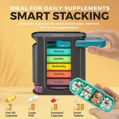 Weekly Pill Organizer, 1 Dispenser, 7 Stackable Compartments Four Times-a-Day - Morning, Noon, Evening, and Bedtime, Black