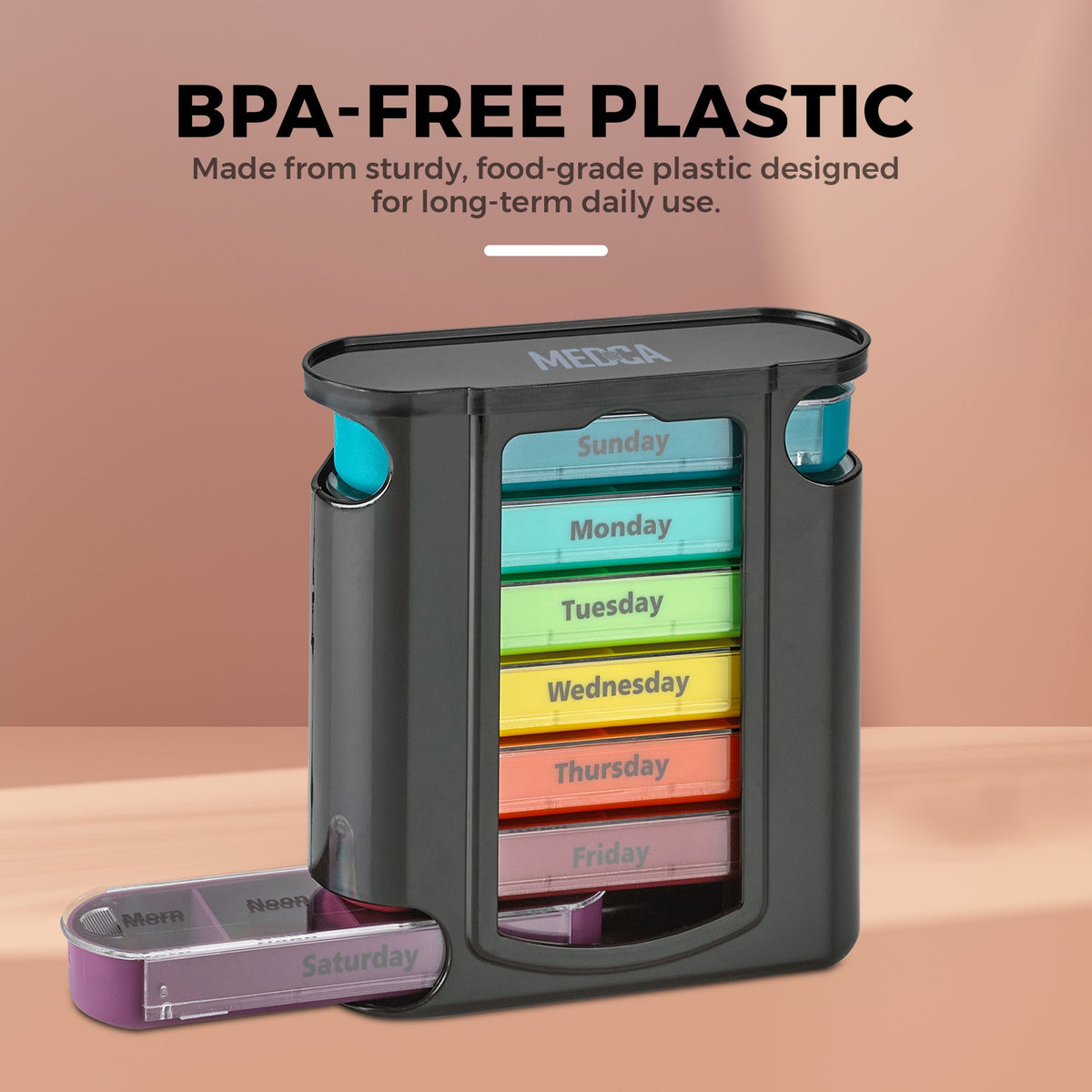 Weekly Pill Organizer, 1 Dispenser, 7 Stackable Compartments Four Times-a-Day - Morning, Noon, Evening, and Bedtime, Black
