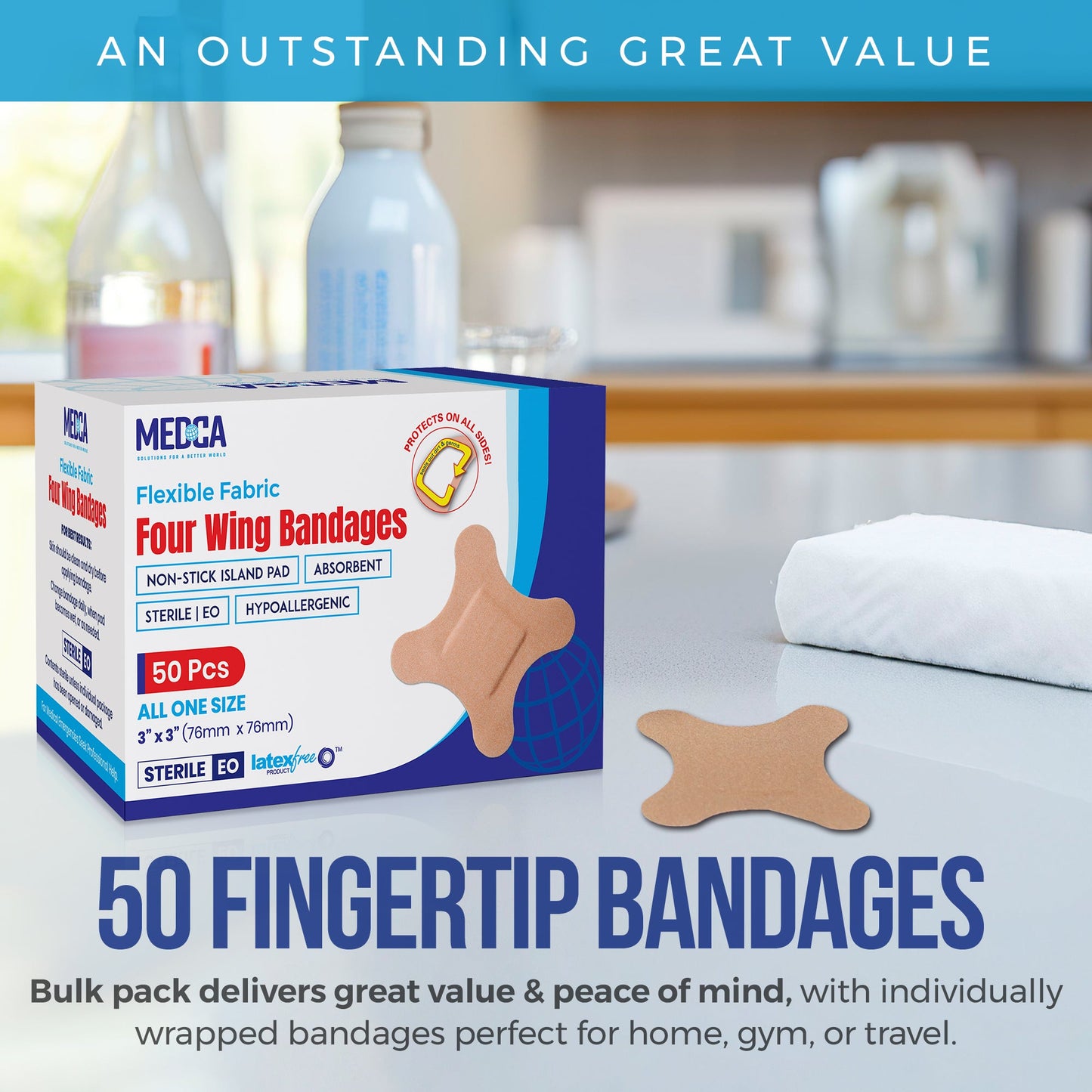 Flexible Knuckle Fabric Bandages - 50 Count Box of Flex Fabric Adhesive Bandages Knuckle Bandages for Finger Care and to Protect Wounds