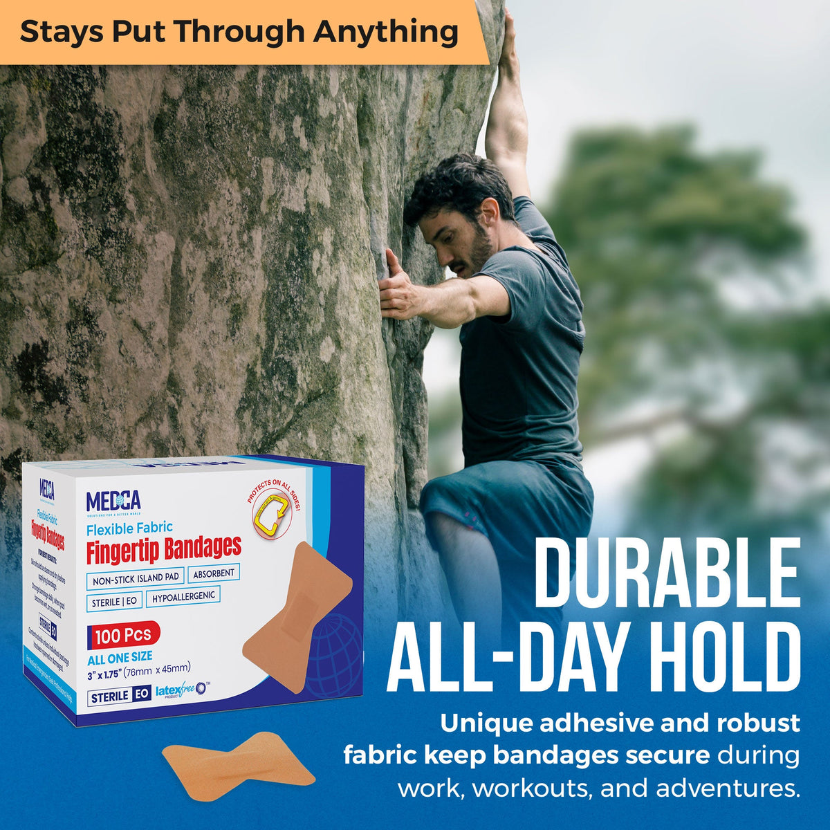 Flexible Fabric Finger Bandages - 100 Count Box of Flex Fabric Adhesive Bandages Cuts, Scrapes, Care and to Protect Wounds