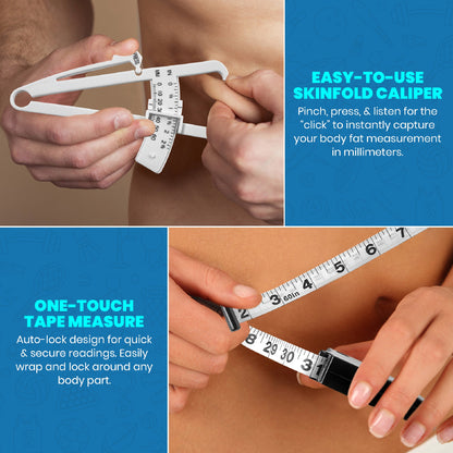 Body Fat Caliper and Measuring Tape for Body - Pack of 2 Skinfold Calipers and Body Fat Tape Measure Tools for Accurately Measuring BMI Skin Fold Fitness and Weight-Loss, (Black & White)