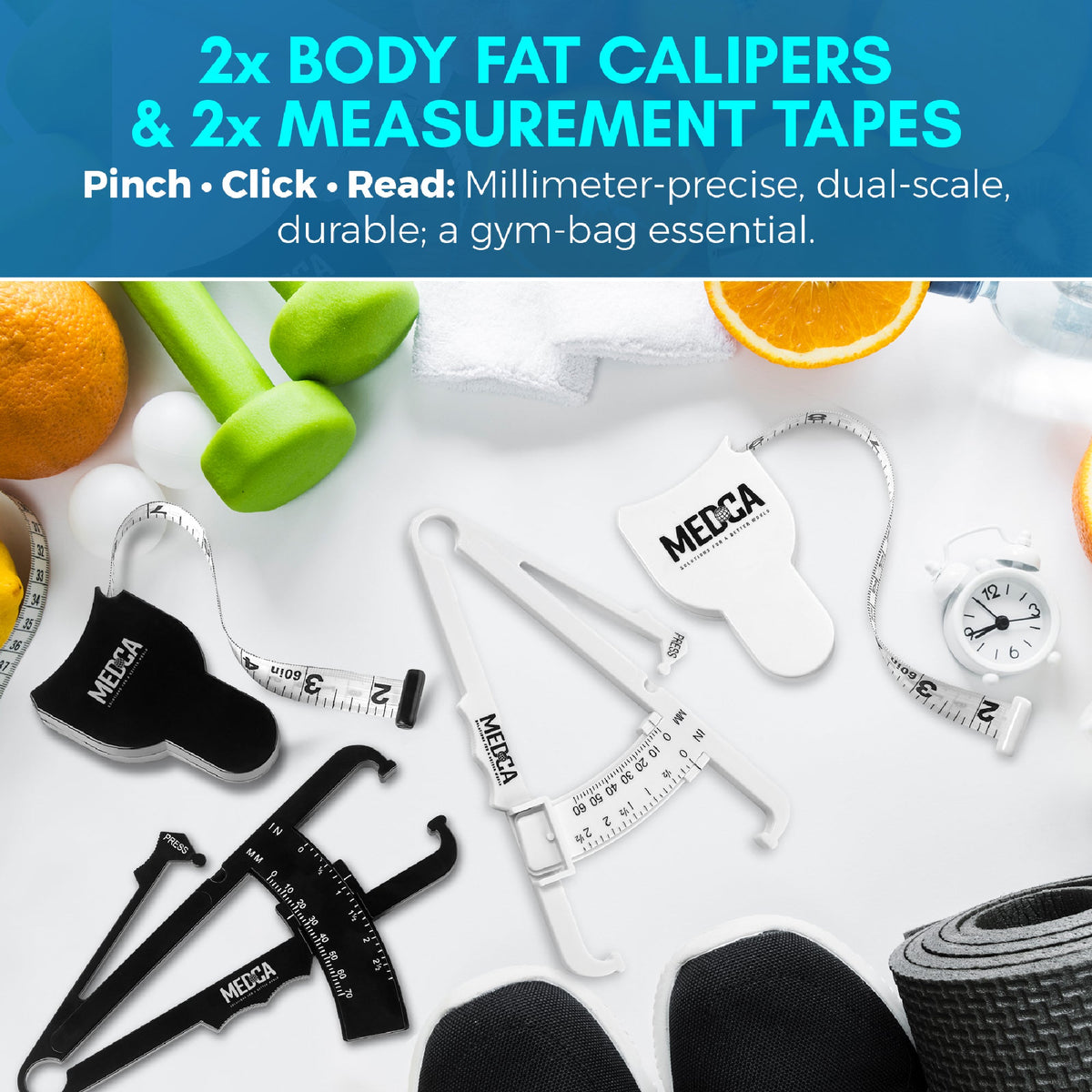 Body Fat Caliper and Measuring Tape for Body - Pack of 2 Skinfold Calipers and Body Fat Tape Measure Tools for Accurately Measuring BMI Skin Fold Fitness and Weight-Loss, (Black & White)