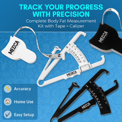 Body Fat Caliper and Measuring Tape for Body - Pack of 2 Skinfold Calipers and Body Fat Tape Measure Tools for Accurately Measuring BMI Skin Fold Fitness and Weight-Loss, (Black & White)