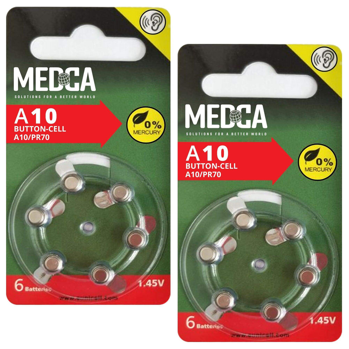 A10 Batteries - 12 Count Pack - 1.45V Zinc Air Yellow Tab Battery Button Coin Cell Batteries for Hearing Aids and Hearing Amplifiers, 10, P10, PR70, or ZL4