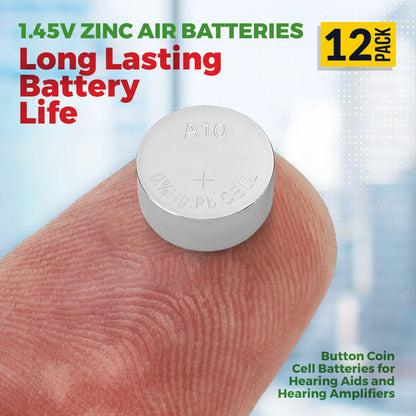 A10 Batteries - 12 Count Pack - 1.45V Zinc Air Yellow Tab Battery Button Coin Cell Batteries for Hearing Aids and Hearing Amplifiers, 10, P10, PR70, or ZL4