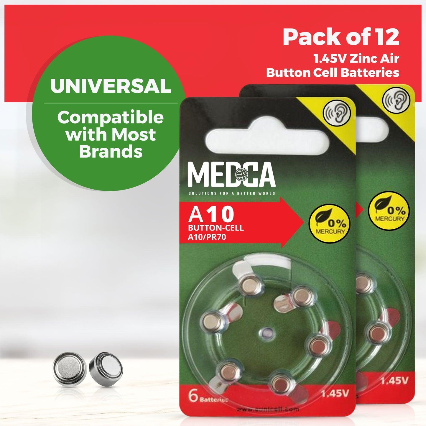 A10 Batteries - 12 Count Pack - 1.45V Zinc Air Yellow Tab Battery Button Coin Cell Batteries for Hearing Aids and Hearing Amplifiers, 10, P10, PR70, or ZL4