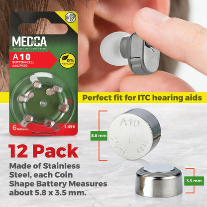 A10 Batteries - 12 Count Pack - 1.45V Zinc Air Yellow Tab Battery Button Coin Cell Batteries for Hearing Aids and Hearing Amplifiers, 10, P10, PR70, or ZL4