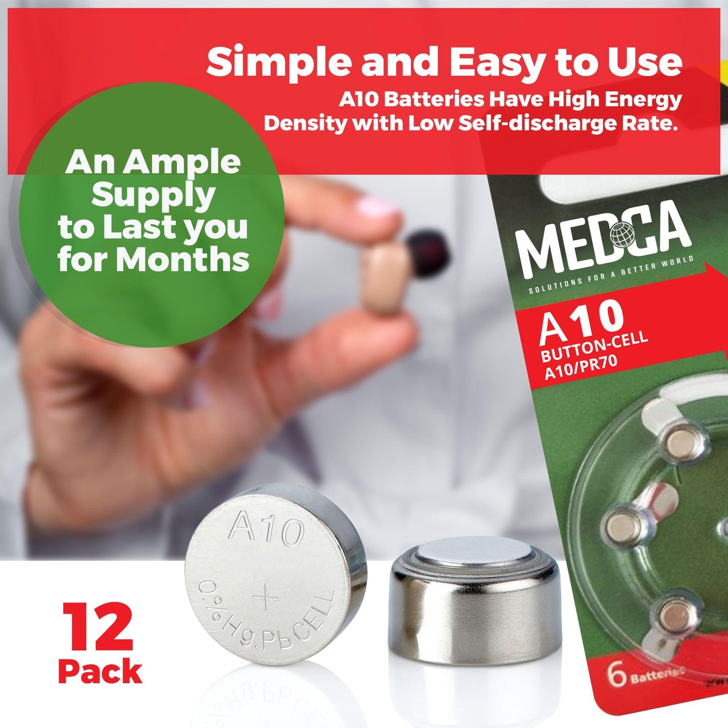 A10 Batteries - 12 Count Pack - 1.45V Zinc Air Yellow Tab Battery Button Coin Cell Batteries for Hearing Aids and Hearing Amplifiers, 10, P10, PR70, or ZL4