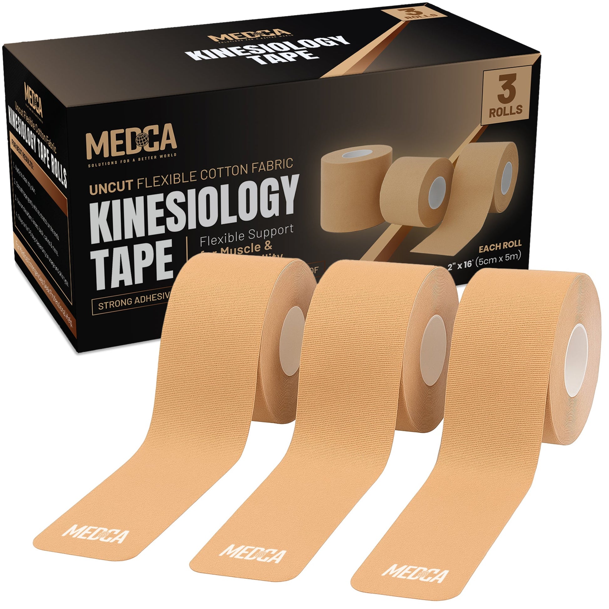 Kinesiology Tape Rolls - Pack of 3 (2 Inch x 16 Ft / 5cm x 5m) - Latex-Free, Breathable Cotton - Strong Adhesive for Mus