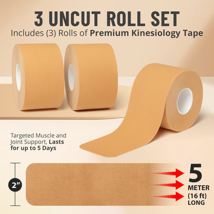 Kinesiology Tape Rolls - Pack of 3 (2 Inch x 16 Ft / 5cm x 5m) - Latex-Free, Breathable Cotton - Strong Adhesive for Muscle & Joint Support - Water-Resistant & Sweatproof for Sports & Recovery, Beige