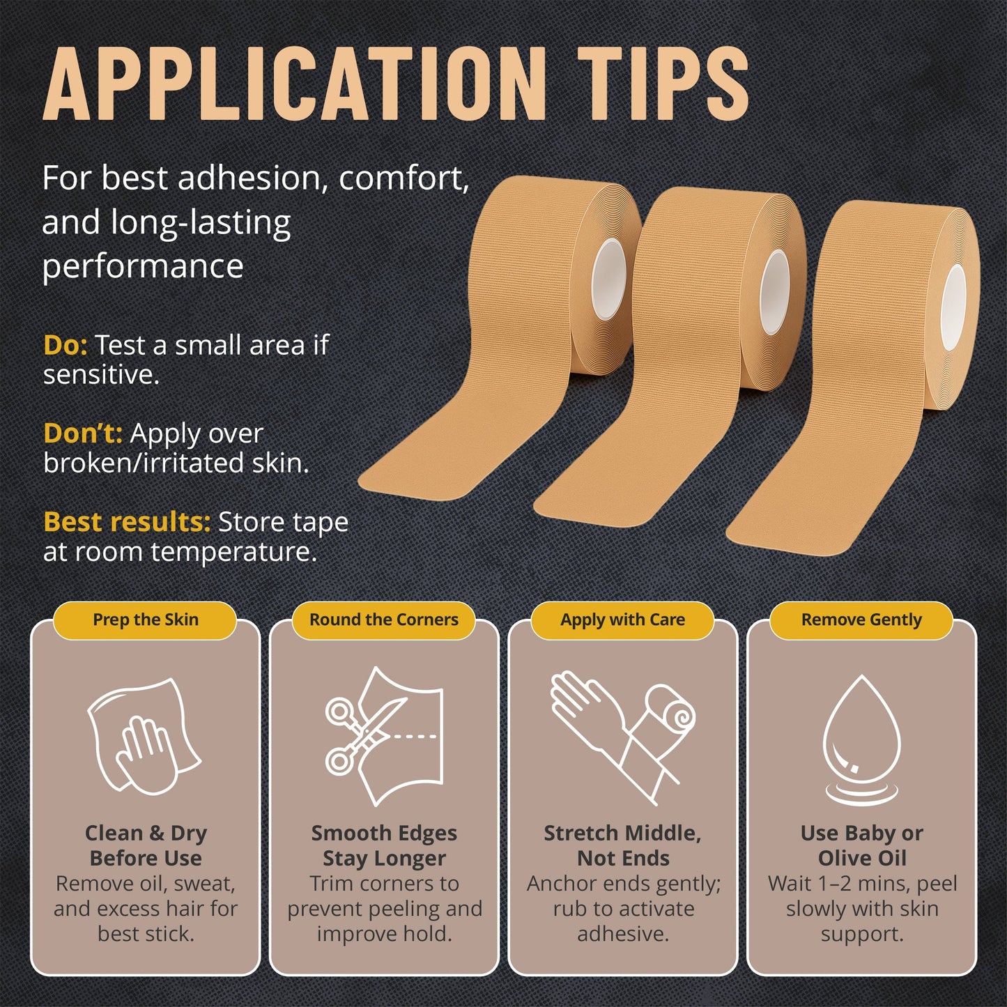 Kinesiology Tape Rolls - Pack of 3 (2 Inch x 16 Ft / 5cm x 5m) - Latex-Free, Breathable Cotton - Strong Adhesive for Muscle & Joint Support - Water-Resistant & Sweatproof for Sports & Recovery, Beige